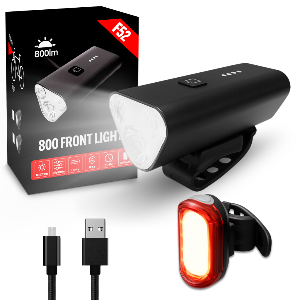 F52 800 Lumens Front Light packaging and product display with USB cable.