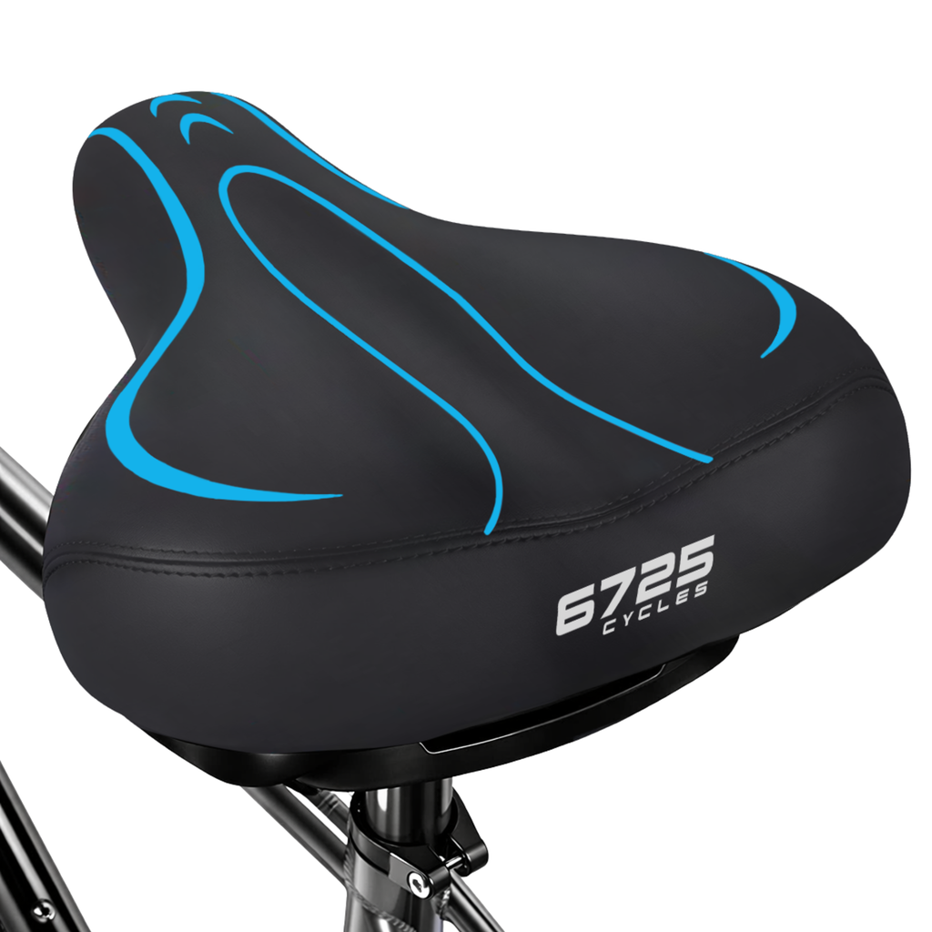 6725 Wide Blue Bike Saddle Seat with ergonomic design and cushioning for comfort during rides.