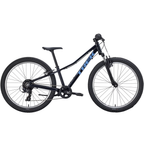 2027 Trek Precaliber 24" Suspension Kids Bike in black with blue accents, designed for young riders' adventures.