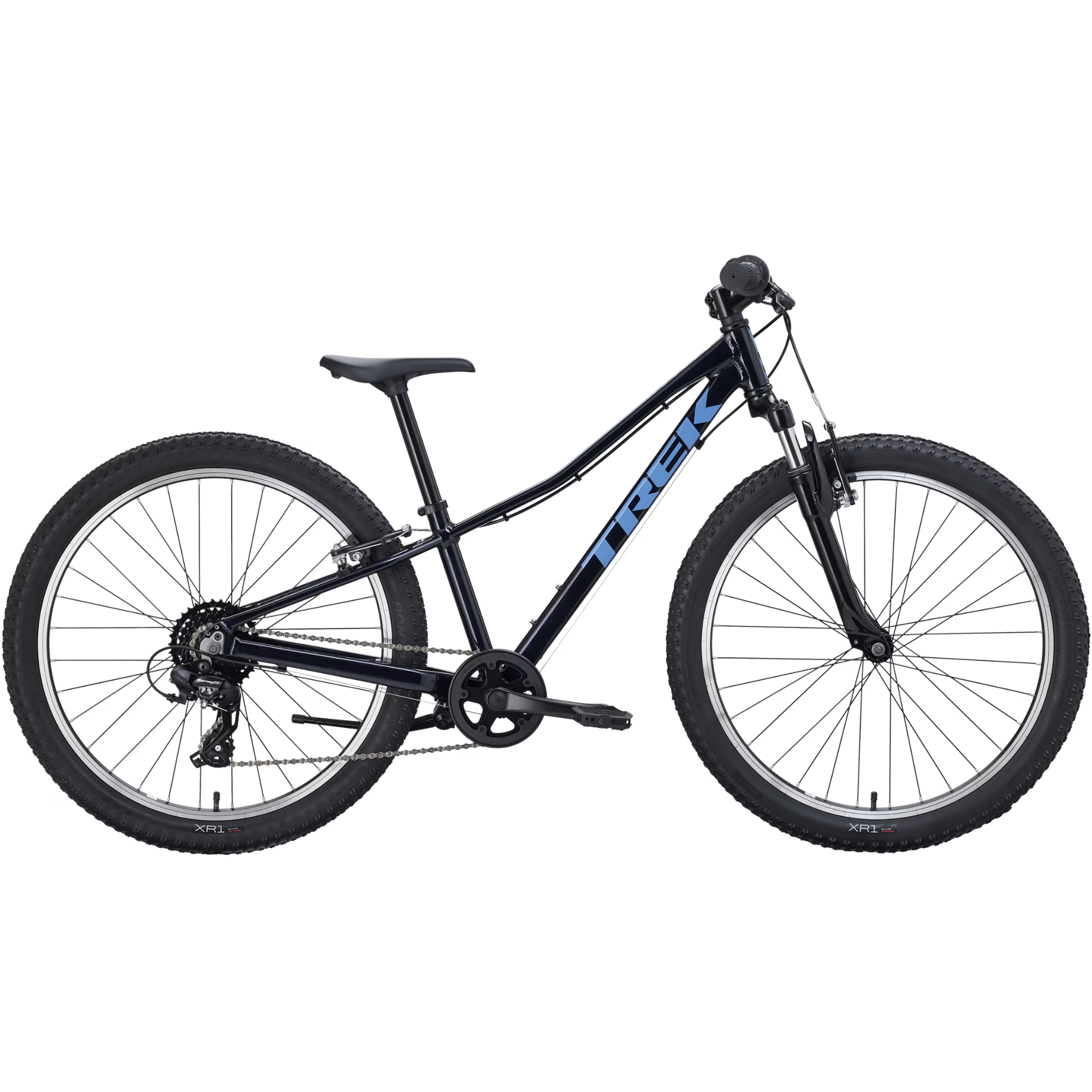 2027 Trek Precaliber 24" Suspension Kids Bike in black with blue accents, designed for young riders' adventures.
