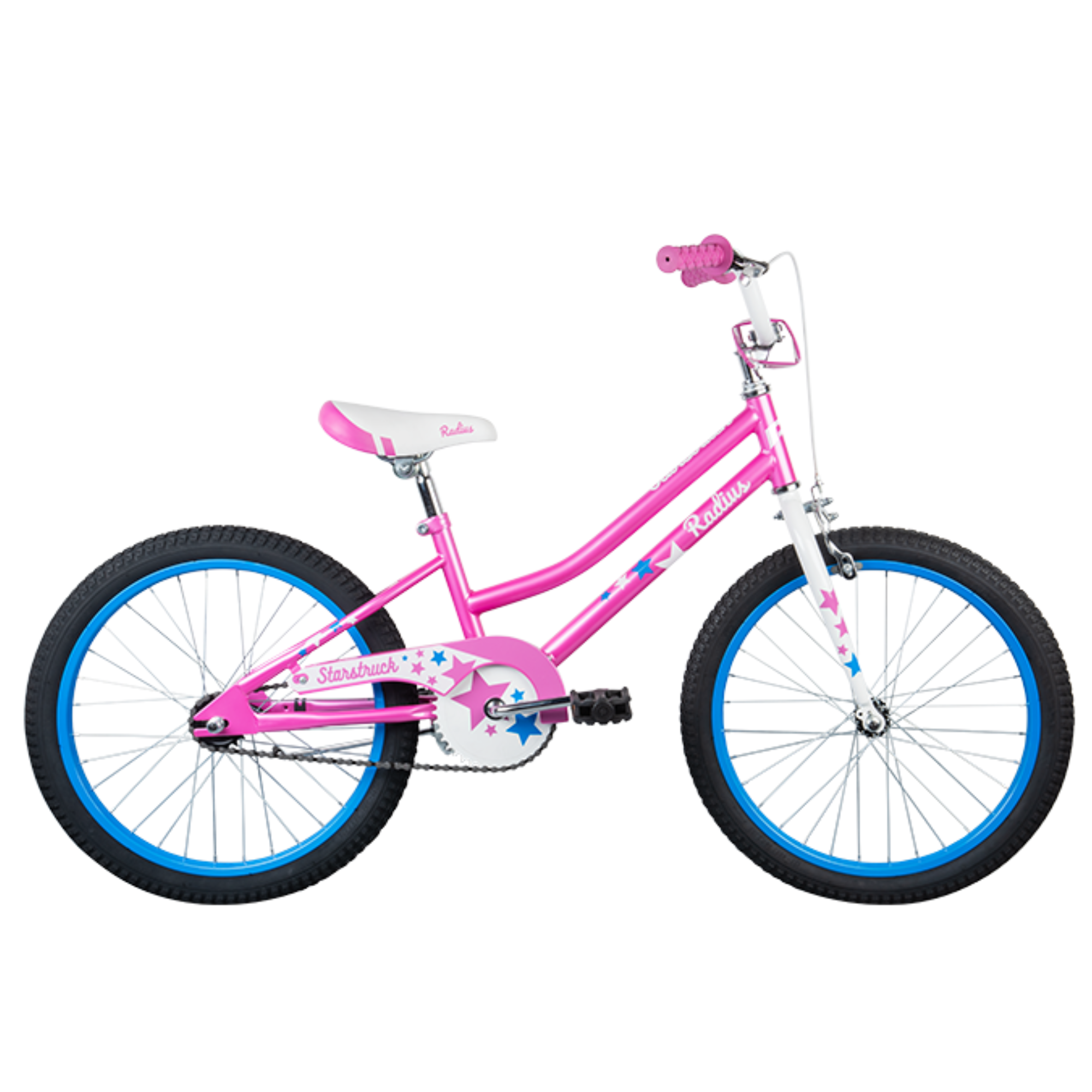 Radius Starstruck 20 Kids Bike in vibrant pink with blue wheels, designed for young riders to ride confidently.