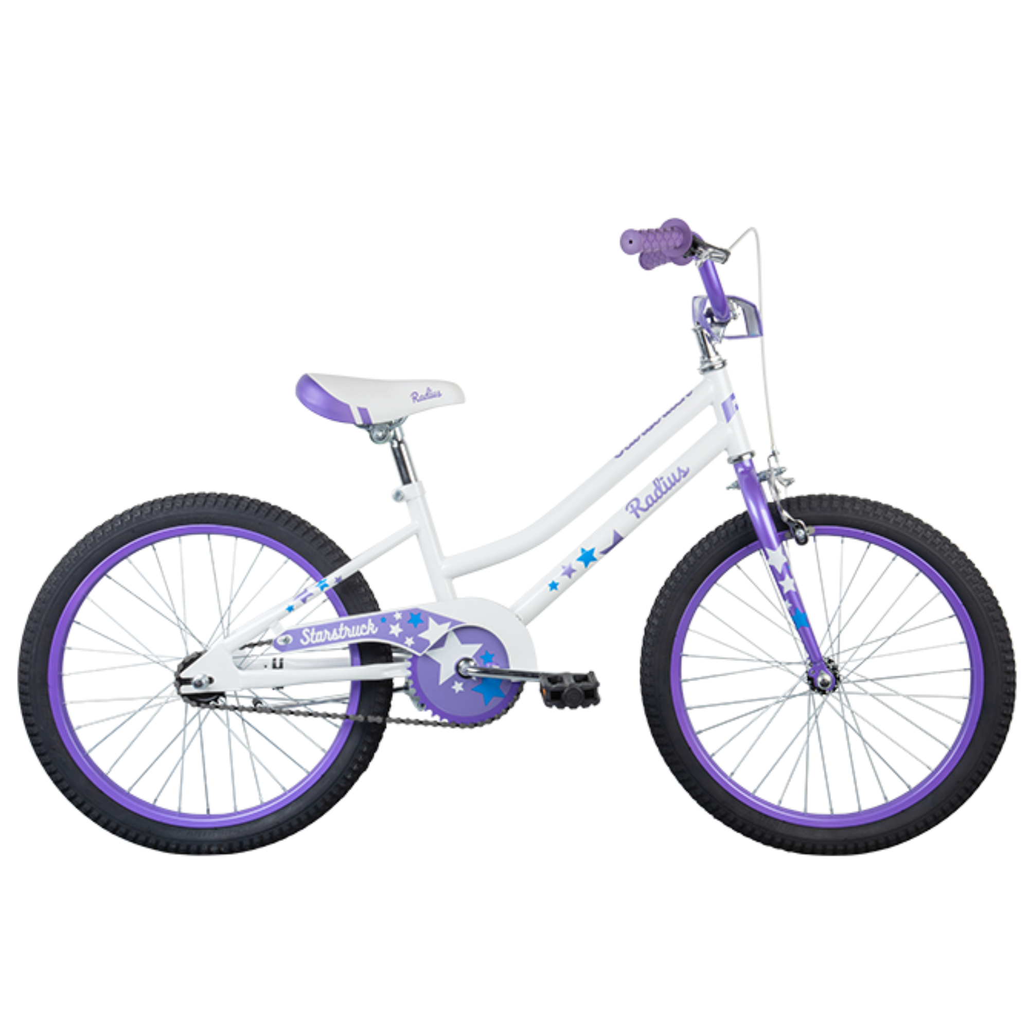 Radius Starstruck 20 Kids Bike in purple and white, designed for young riders with easy brakes for confidence and safety.