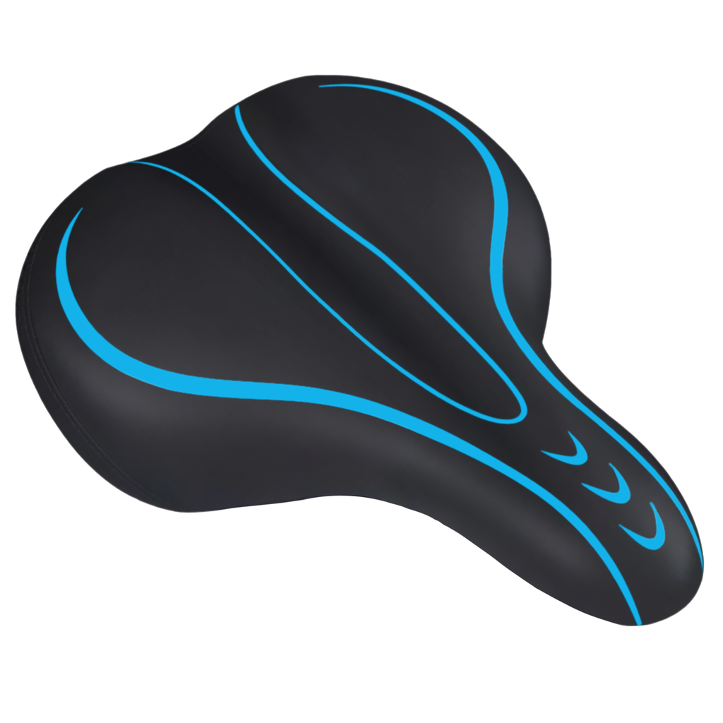 6725 Wide Blue Bike Saddle Seat featuring a black design with blue accents for optimal comfort and support.