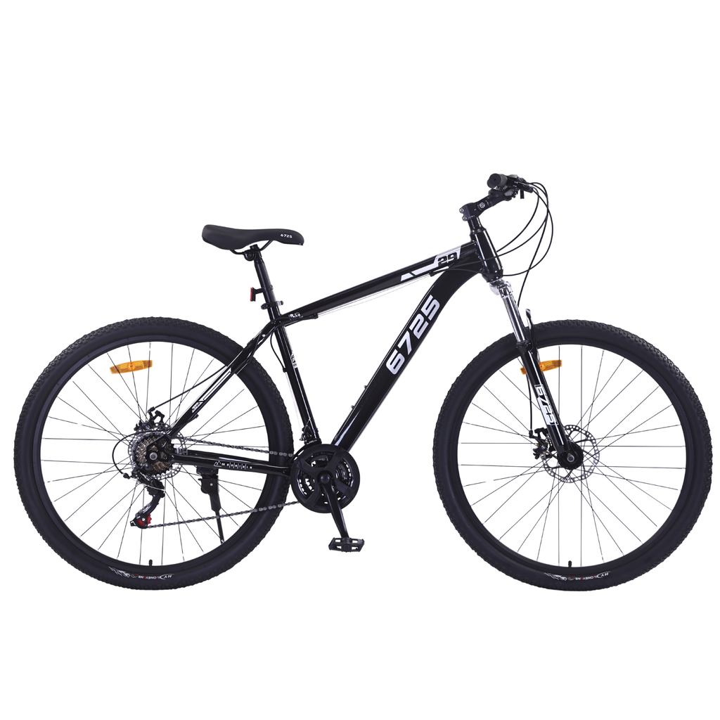Image of a 6725 29-Inch Mountain Bike with black frame and durable tires, ideal for trails and commuting.