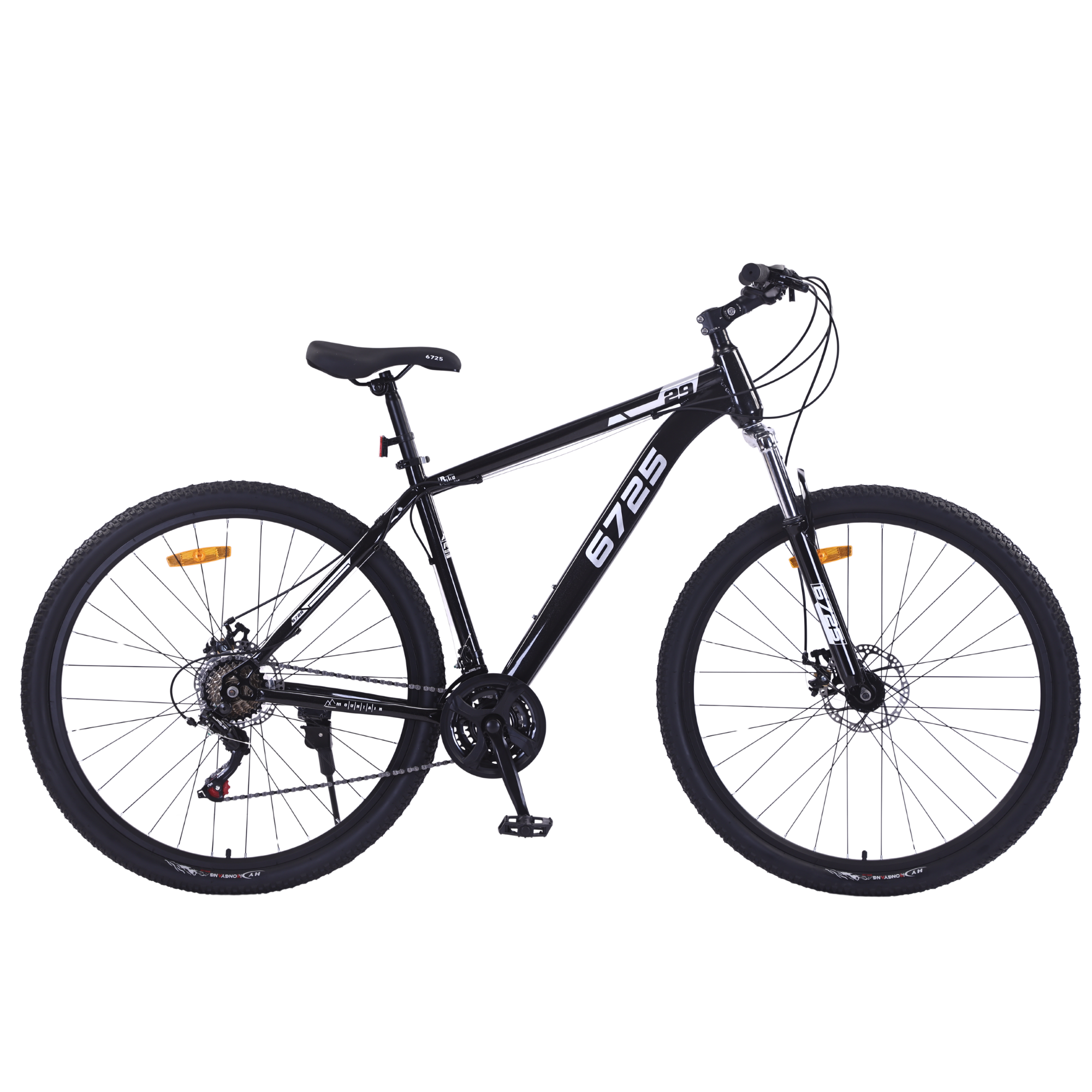 Image of a 6725 29-Inch Mountain Bike with black frame and durable tires, ideal for trails and commuting.