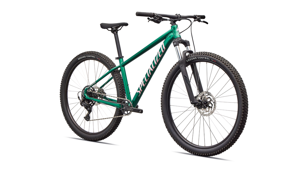 2026 Specialized Rockhopper Sport mountain bike in green, designed for trail-ready performance and durability.