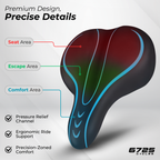 6725 Wide Blue Bike Saddle Seat showing premium design features and comfort areas for an ergonomic ride.