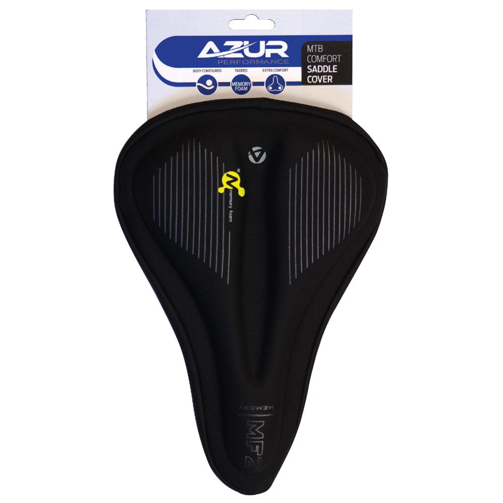 Azur MTB memory foam saddle cover fitted over mountain bike saddle