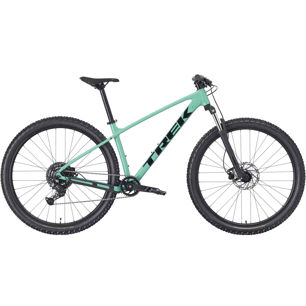 2026 Trek Marlin 4 Gen 3 Mountain Bike in mint green color, showcasing its hardtail design and sturdy frame for trail riding.
