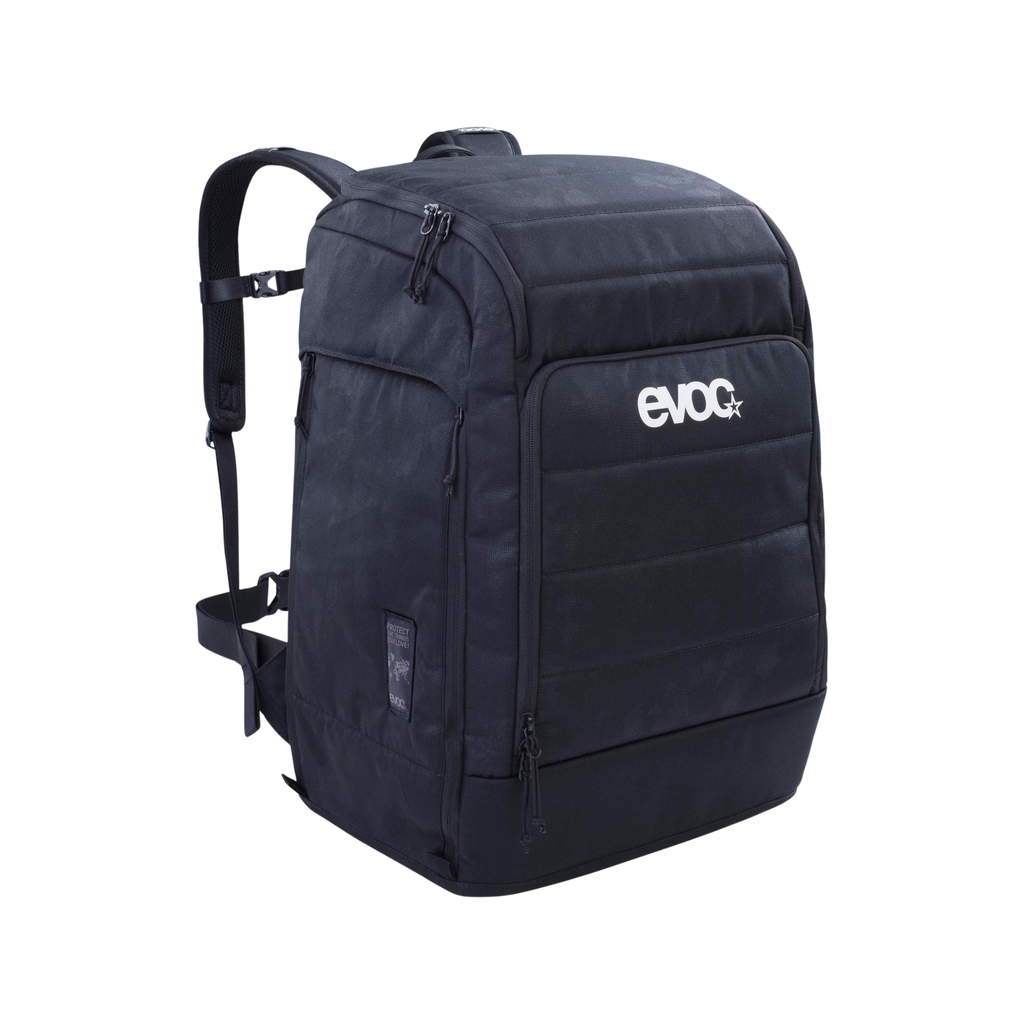 black 60L Evoc gear backpack with separate boot and helmet compartments