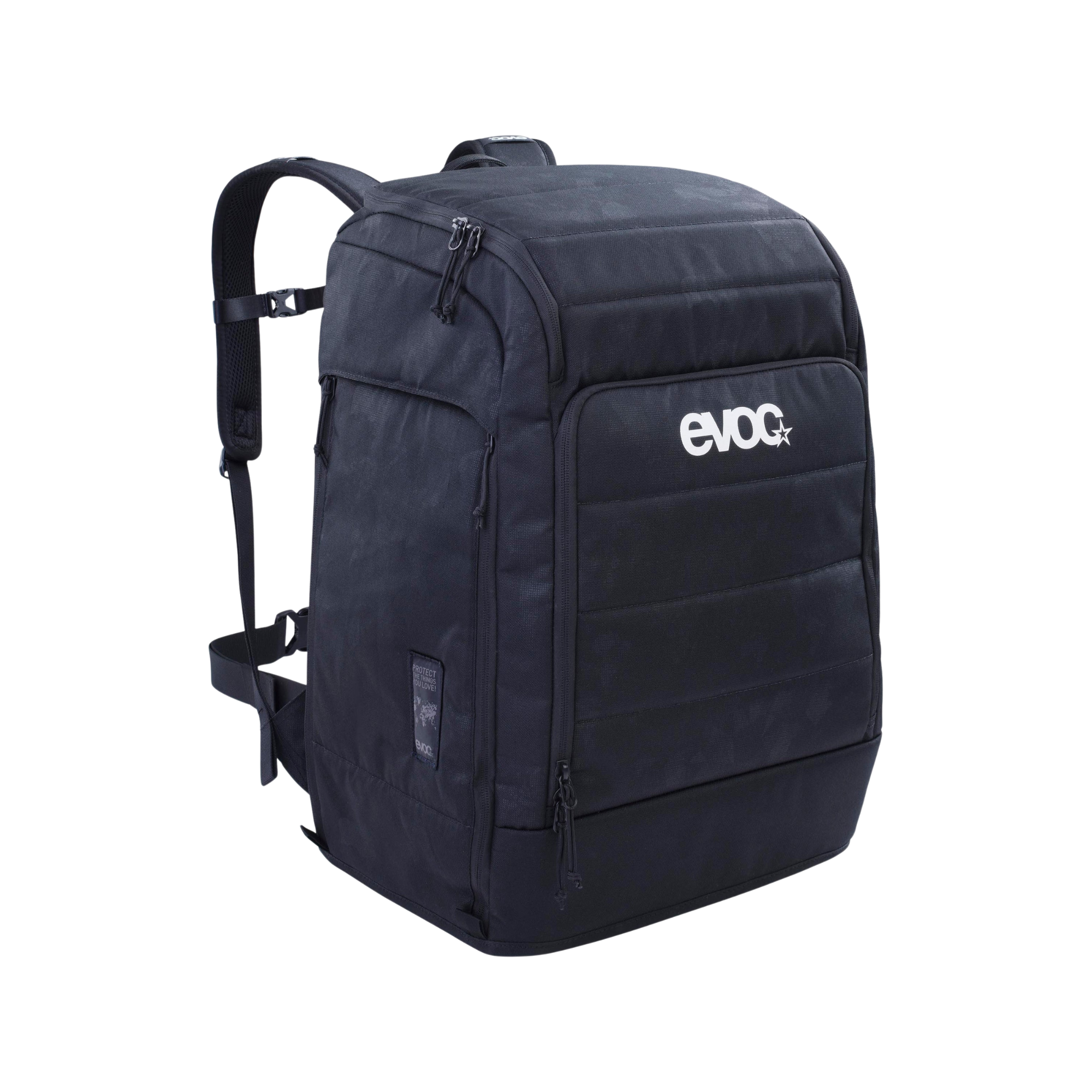 black 60L Evoc gear backpack with separate boot and helmet compartments