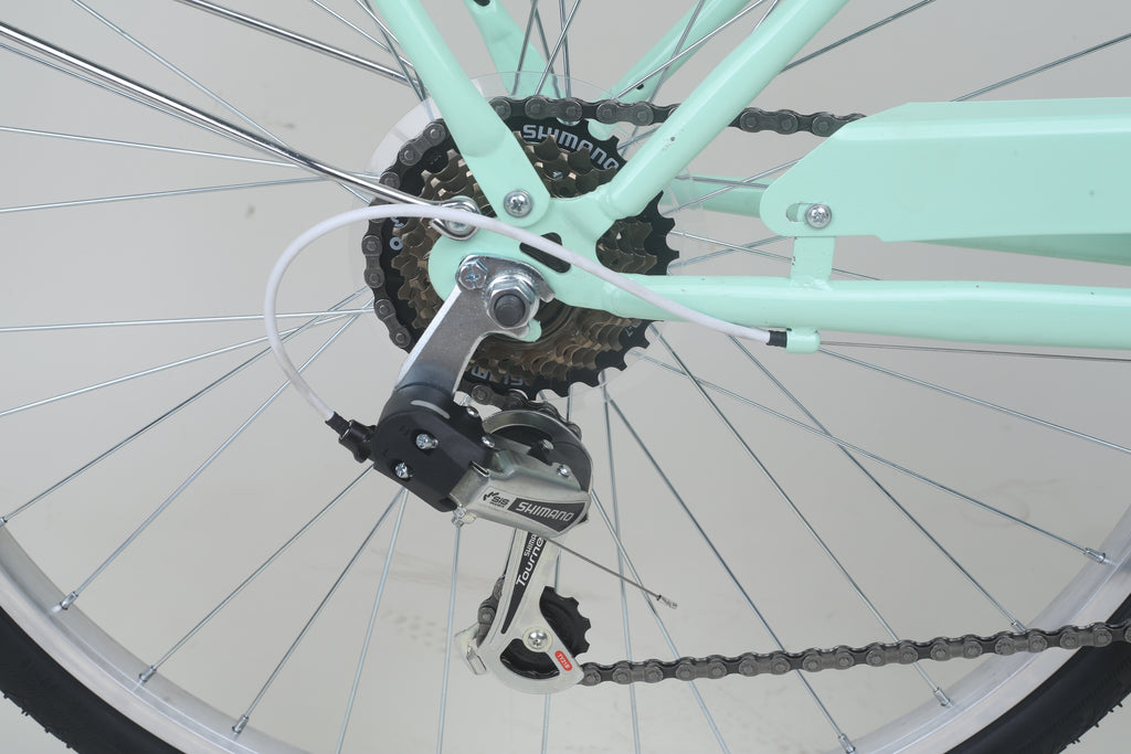 Ladies Cruiser Bike Shimano rear gear system drivetrain close up