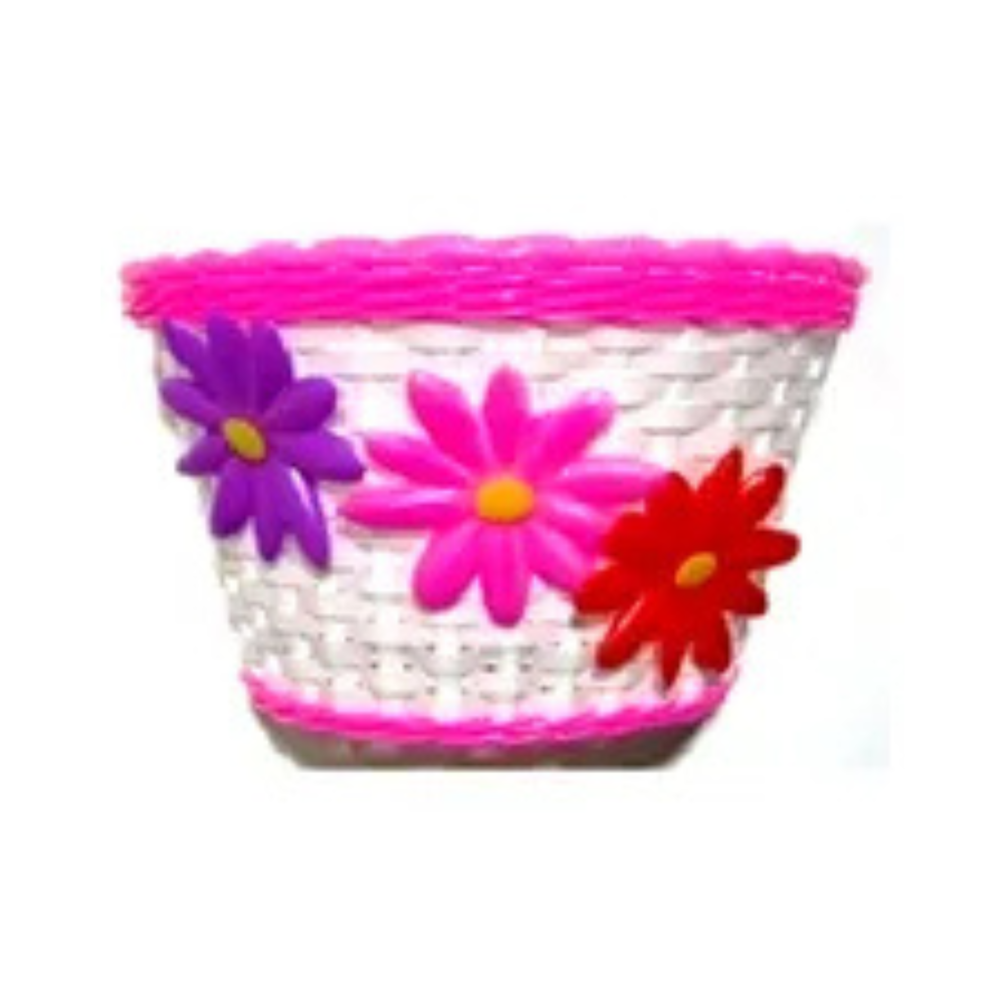 Kids Front Bicycle Basket - White/Pink/Flowers with colorful floral designs in pink, purple, and red.