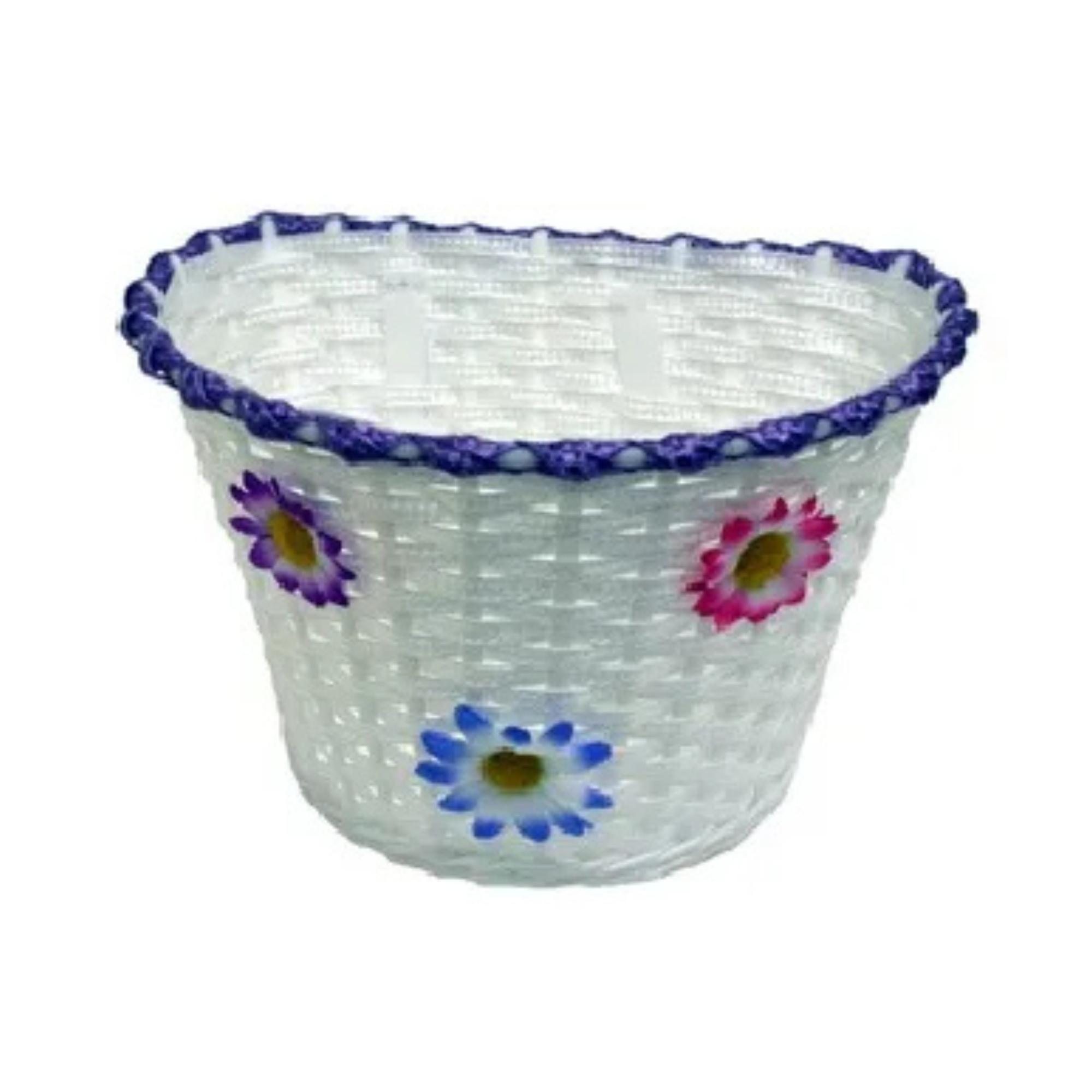 Kids Plastic Woven Bicycle Basket in white with lilac and purple flowers, perfect for kids' bicycles.