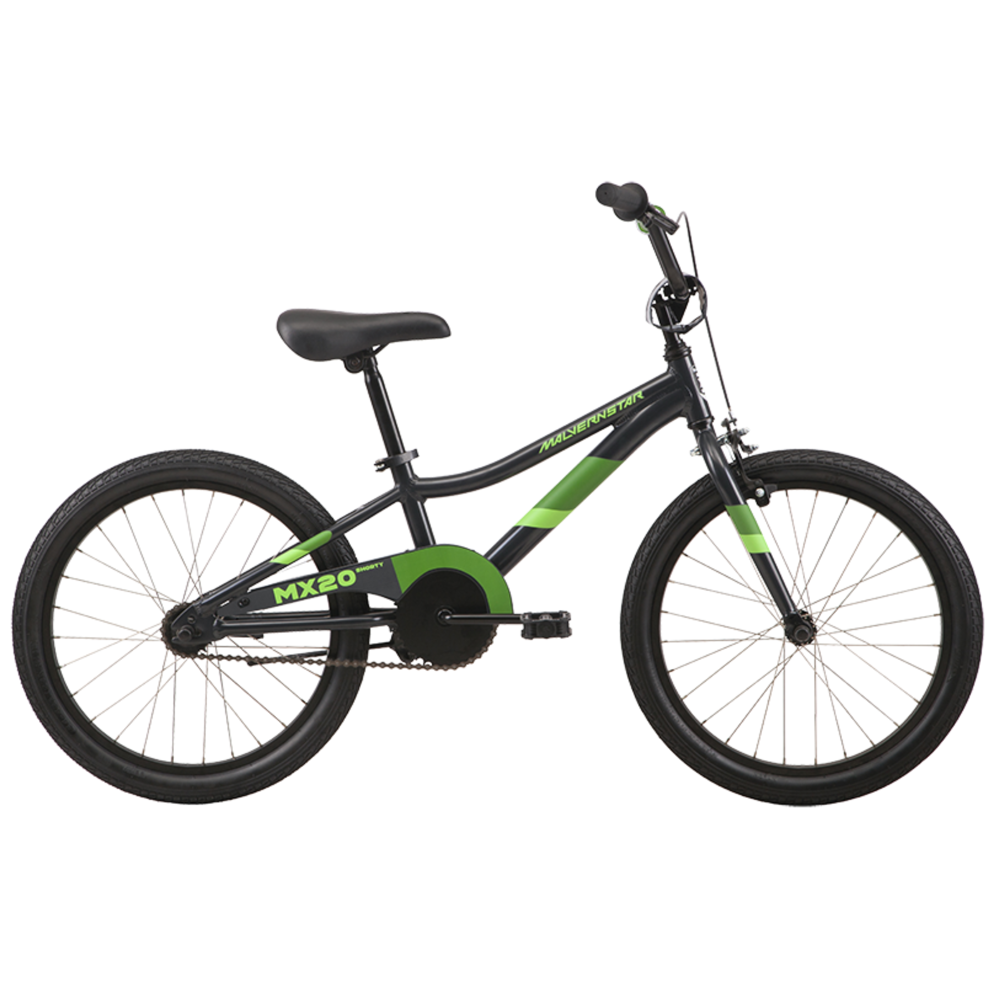 Malvern Star MX20 Shorty Kids Bike in black and green design, perfect for young riders transitioning from smaller bikes.
