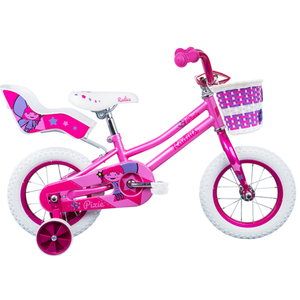 Radius Pixie 12 Kids Bike in pink color with a basket, designed for young riders learning cycling skills.