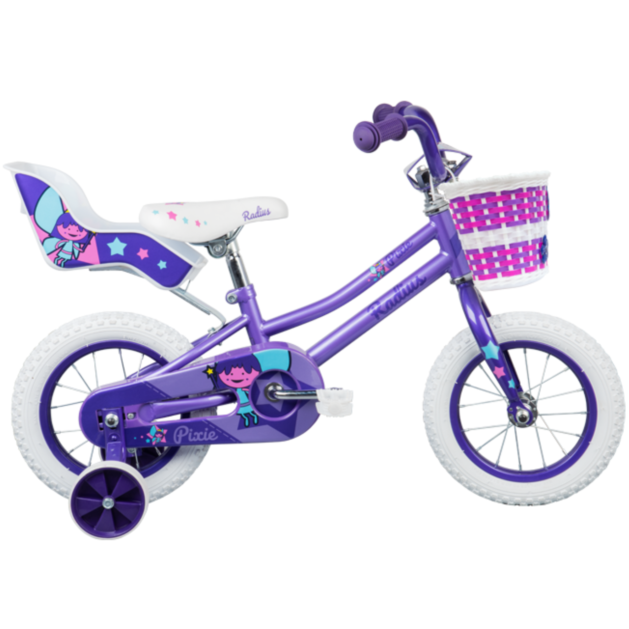 Radius Pixie 12 Kids Bike in purple with cute character graphics and a front basket for young riders.