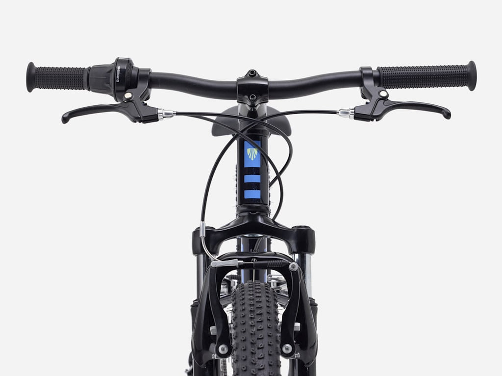 2027 Trek Precaliber 24" Suspension Kids Bike handlebars and controls from the front view.