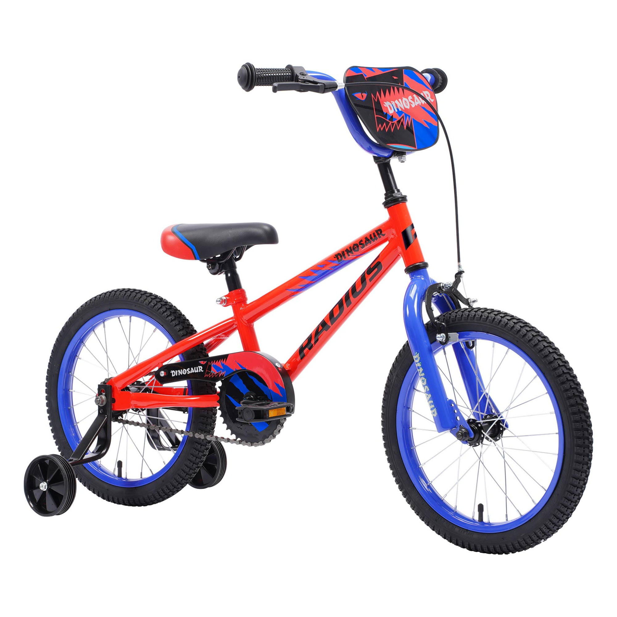	orange 16-inch kids bike with training wheels — Radius Dinosaur Broome Cycles