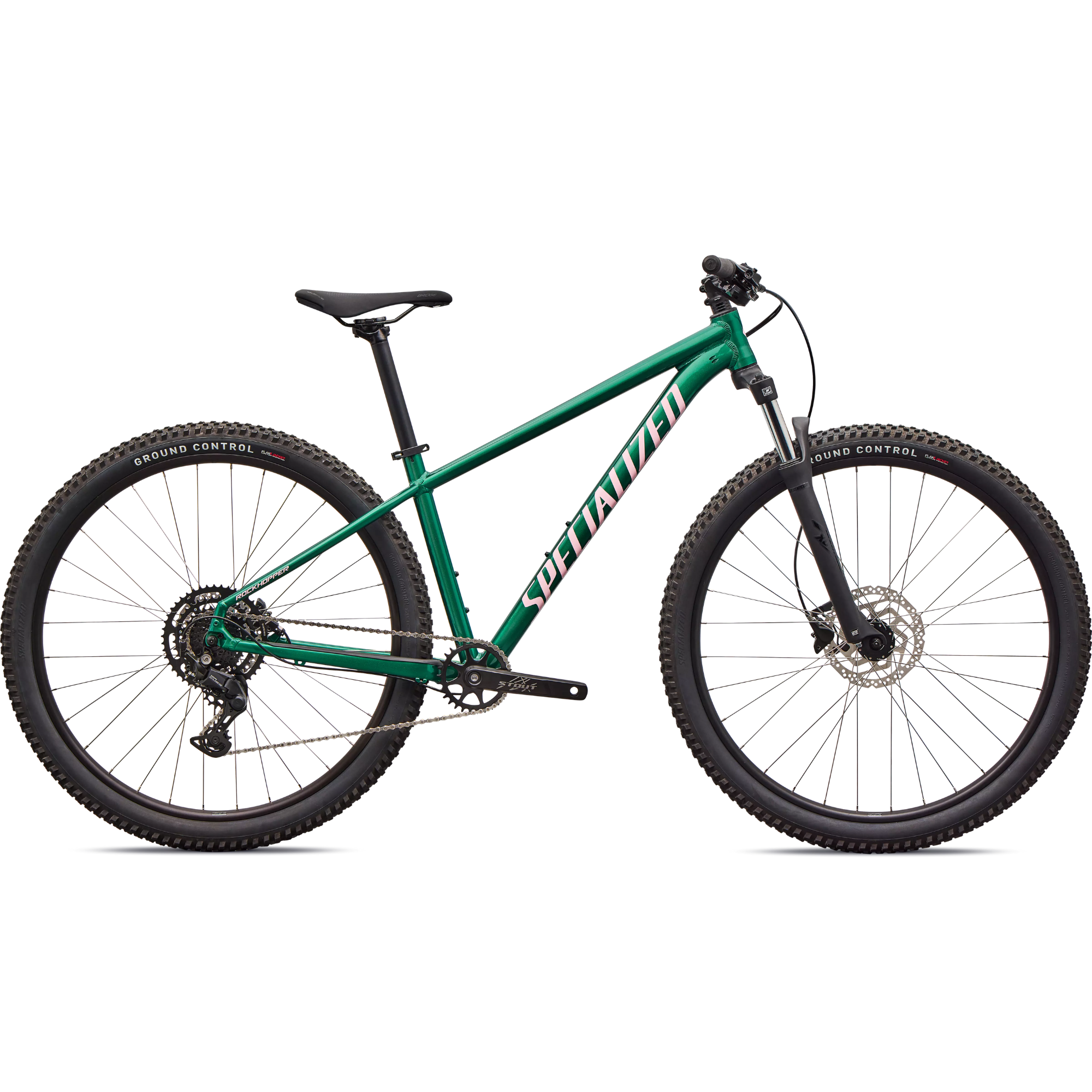 2026 Specialized Rockhopper Sport mountain bike in green, featuring durable construction and trail-ready performance.