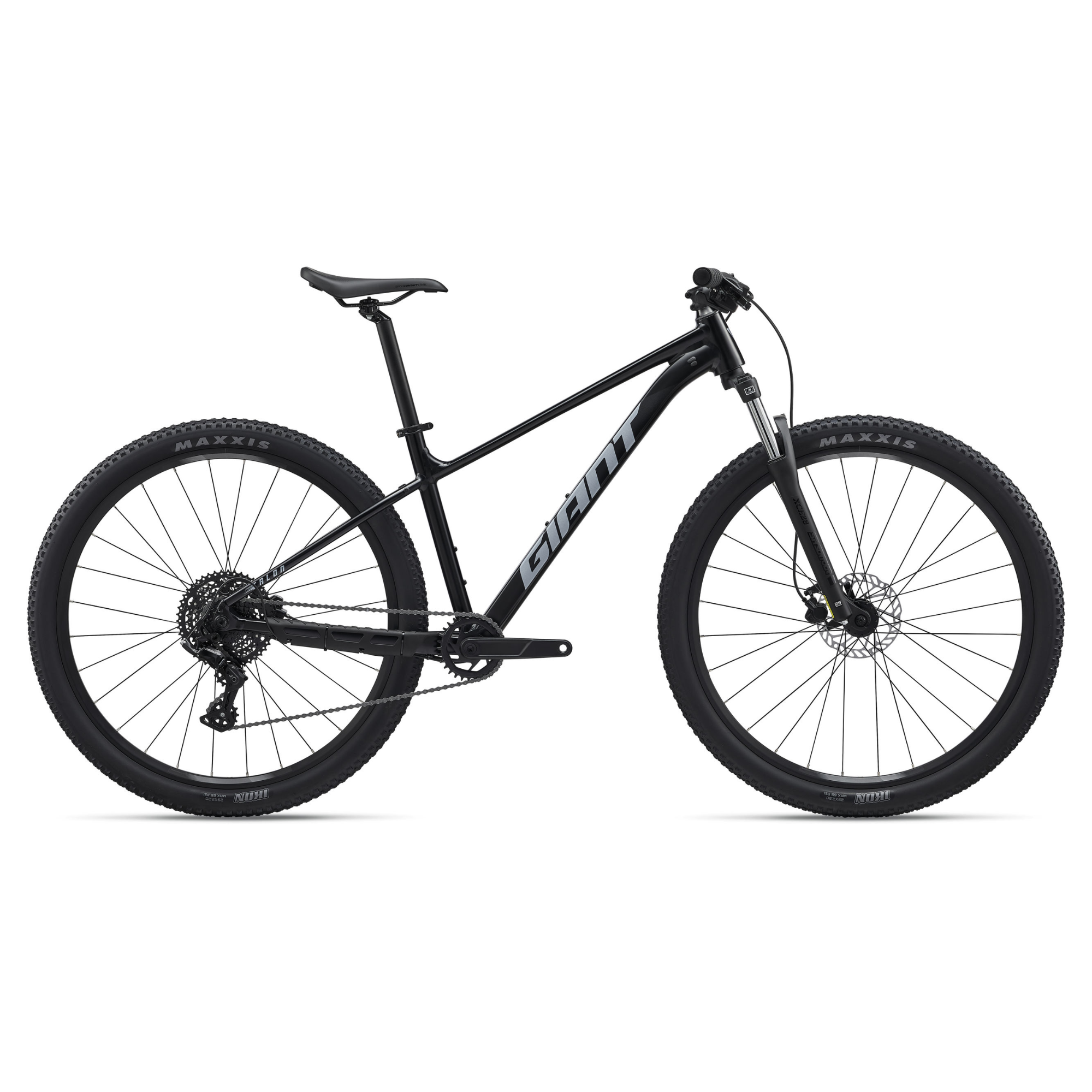 side profile of Giant Talon 4 Mountain Bike with ALUXX aluminium frame and Maxxis tyres -black