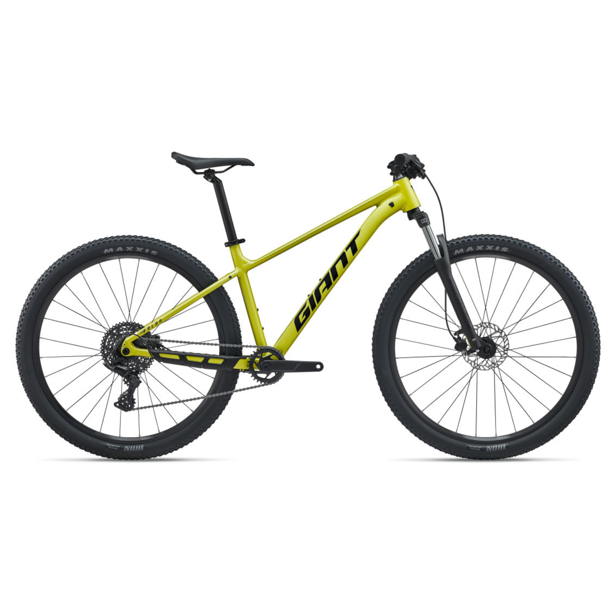 A Giant full-suspension mountain bike in bright yellow with black components, shown from a side profile on a solid white background.