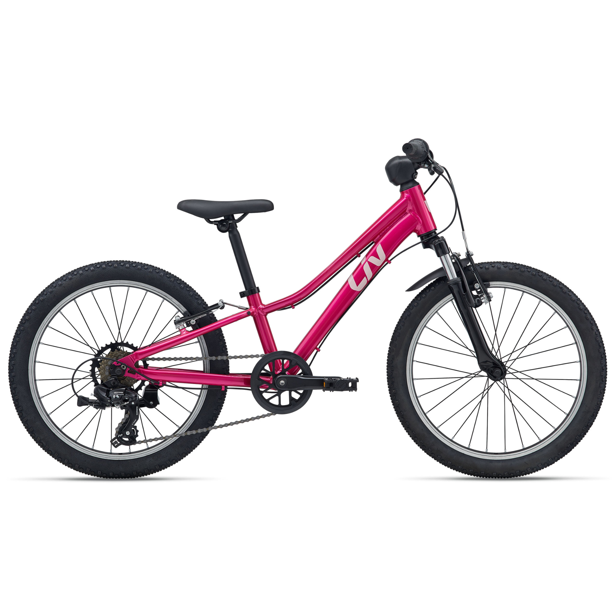 Liv Tempt 20 Kids Mountain Bike in vibrant pink color, designed for young riders to enjoy smooth, stable rides.