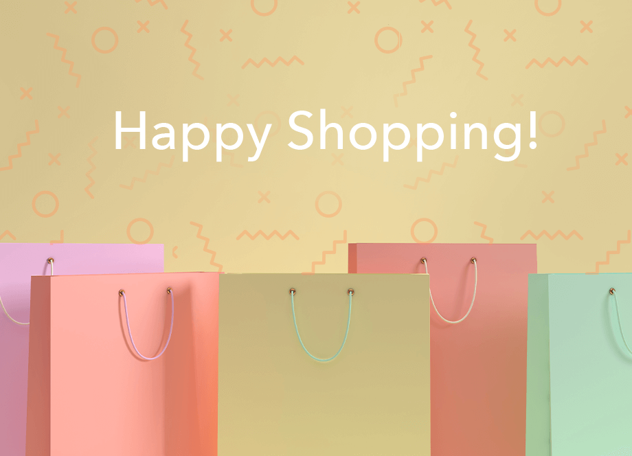 Colorful shopping bags with 'Happy Shopping!' text on a patterned background
