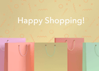 Colorful shopping bags with 'Happy Shopping!' text on a patterned background
