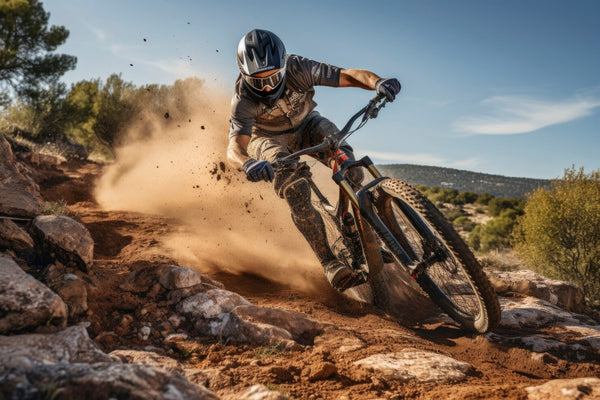 Biker riding a mountain bike on a rocky trail with dust in the air