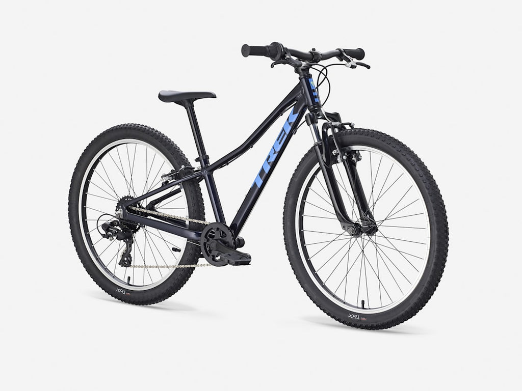 2027 Trek Precaliber 24" Suspension Kids Bike in black and blue, featuring front suspension and trail-ready tyres.