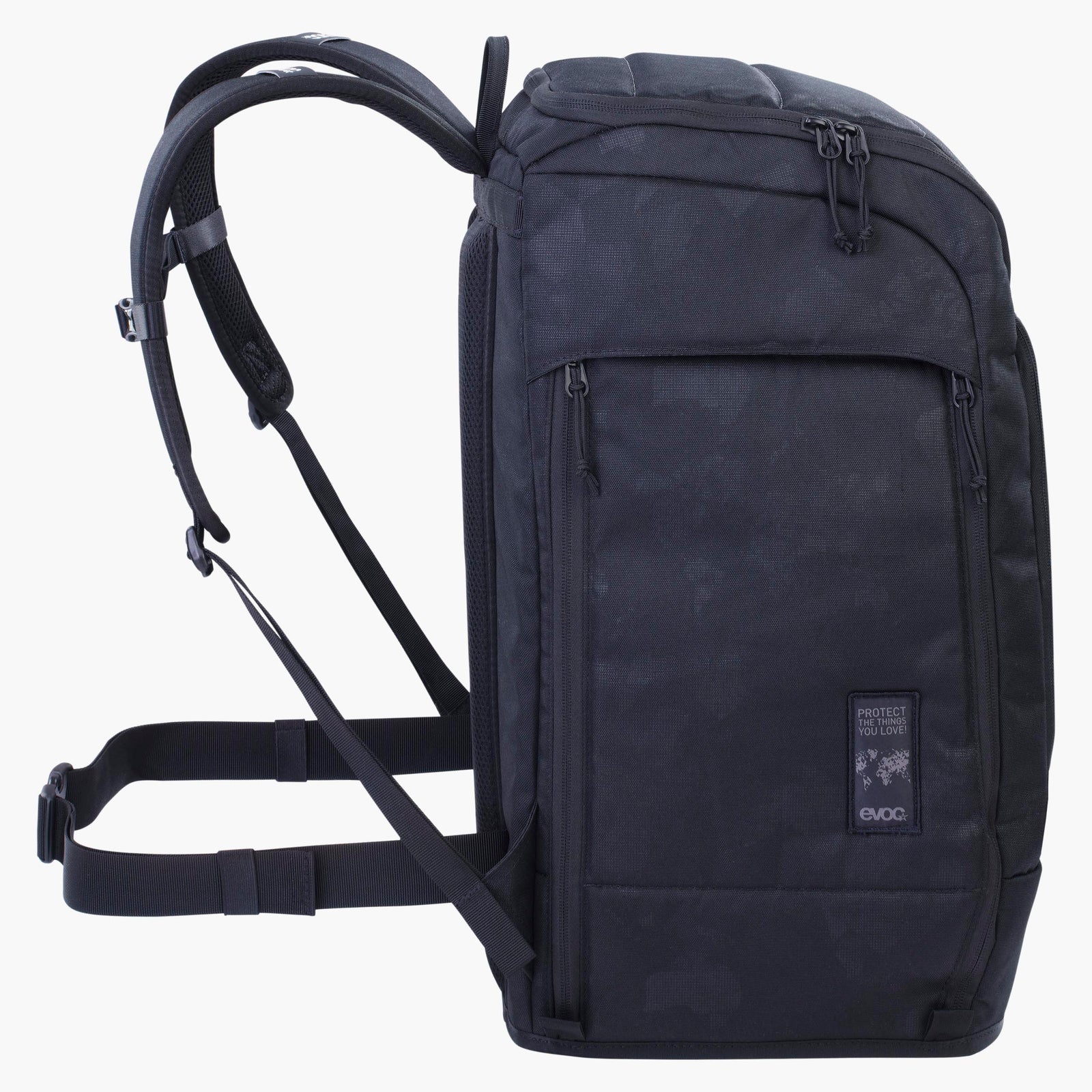 side profile of Evoc 60L ski gear bag with padded straps and hip belt