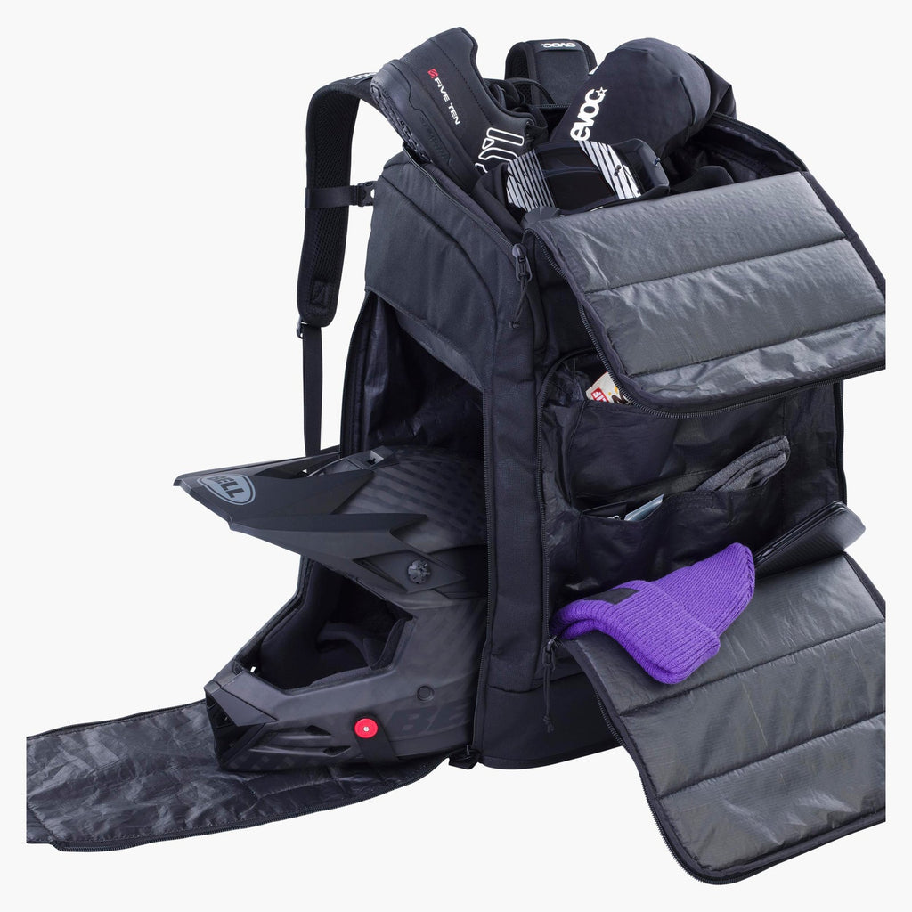 inside view of Evoc Gear Backpack 60 showing separated boot and clothing compartments