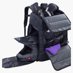 inside view of Evoc Gear Backpack 60 showing separated boot and clothing compartments